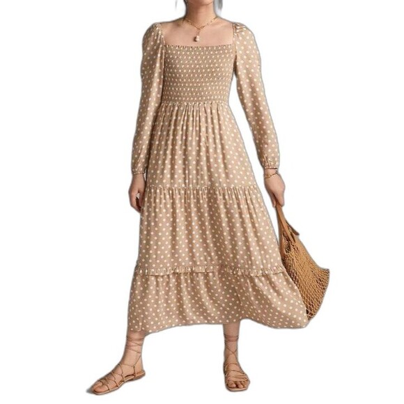 Anthropologie Dresses & Skirts - Anthropologie Dolan Dress Left Coast Womens Smocked Midi Polka Dot Small Beige